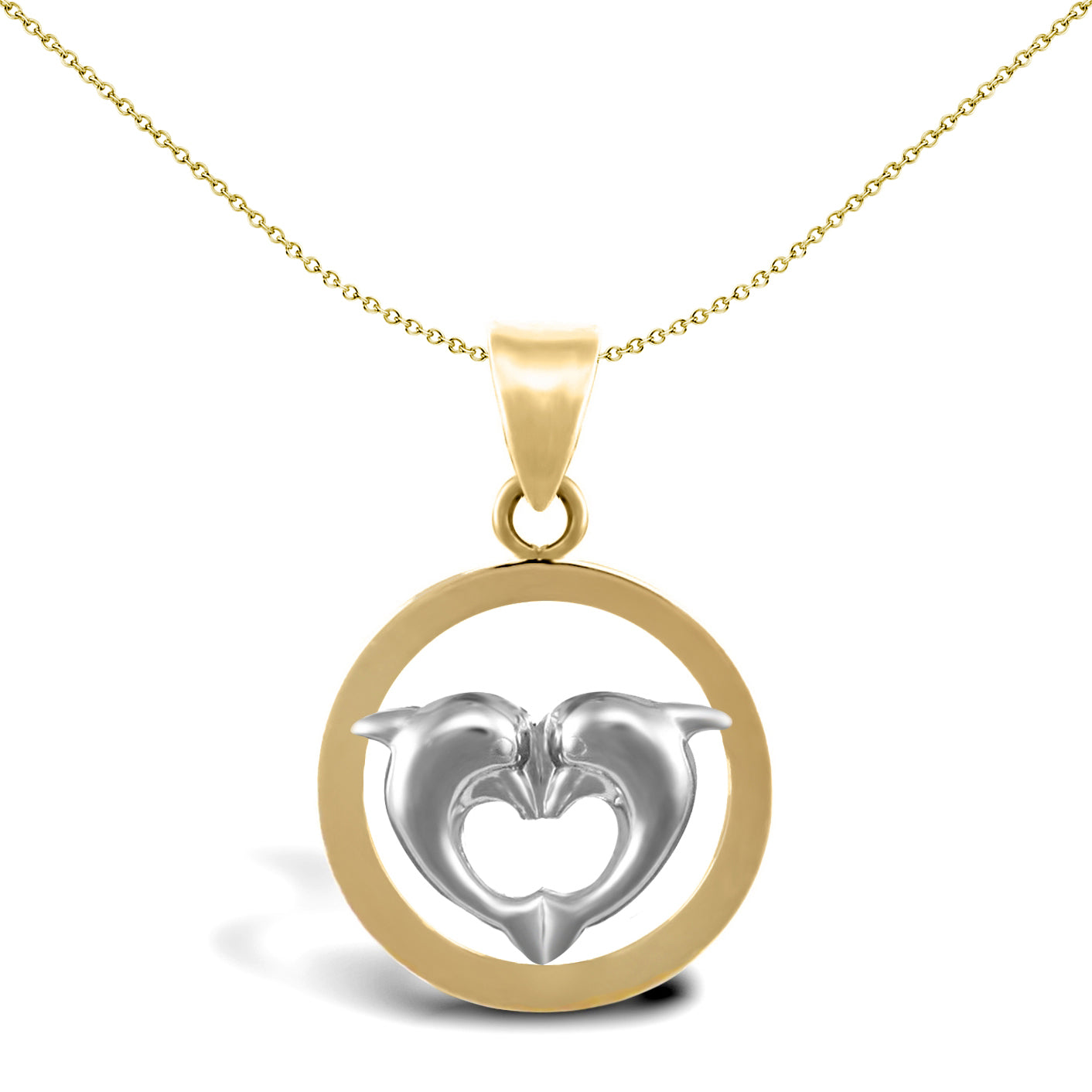 9ct 2-Colour Gold  Love Heart Dolphins Charm Pendant - JPC211