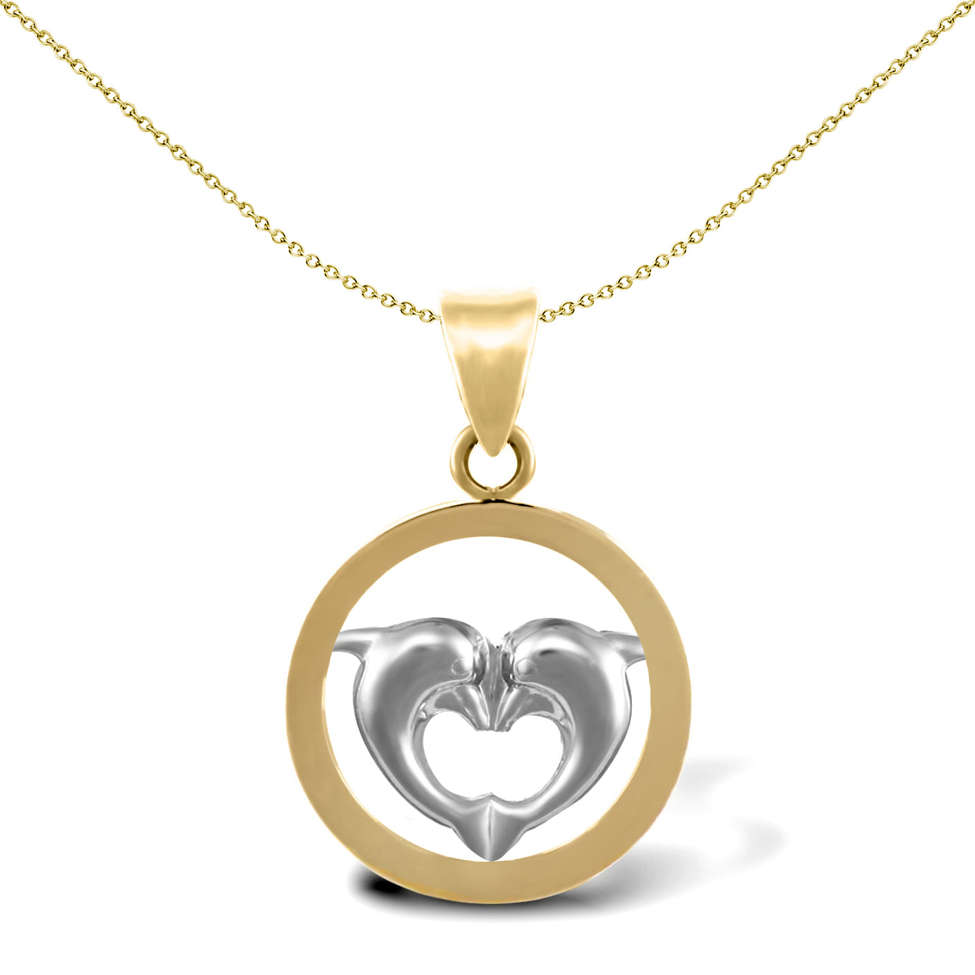 9ct 2-Colour Gold  Love Heart Dolphins Charm Pendant - JPC211