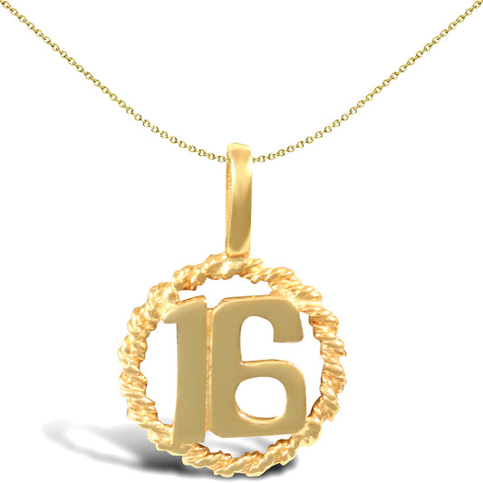 Ladies Solid 9ct Gold  16 Birthday Rope Ring Charm Pendant - JPD194