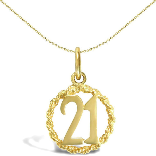 Ladies Solid 9ct Gold  21 Birthday Rope Ring Charm Pendant - JPD196