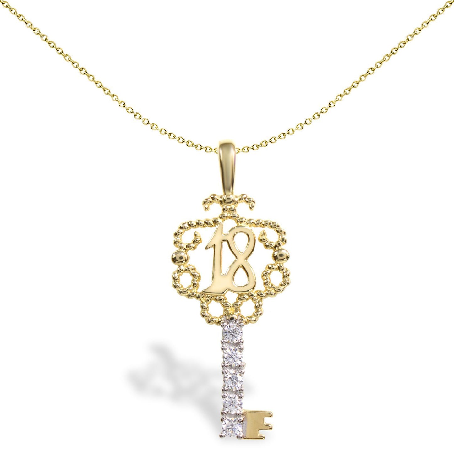 9ct 2-Colour Gold  CZ 18 Birthday Key Charm Pendant - JPD207