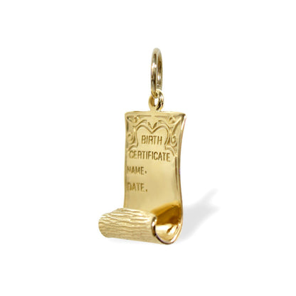 Solid 9ct Gold  Birth Certificate Charm Pendant - JPD292