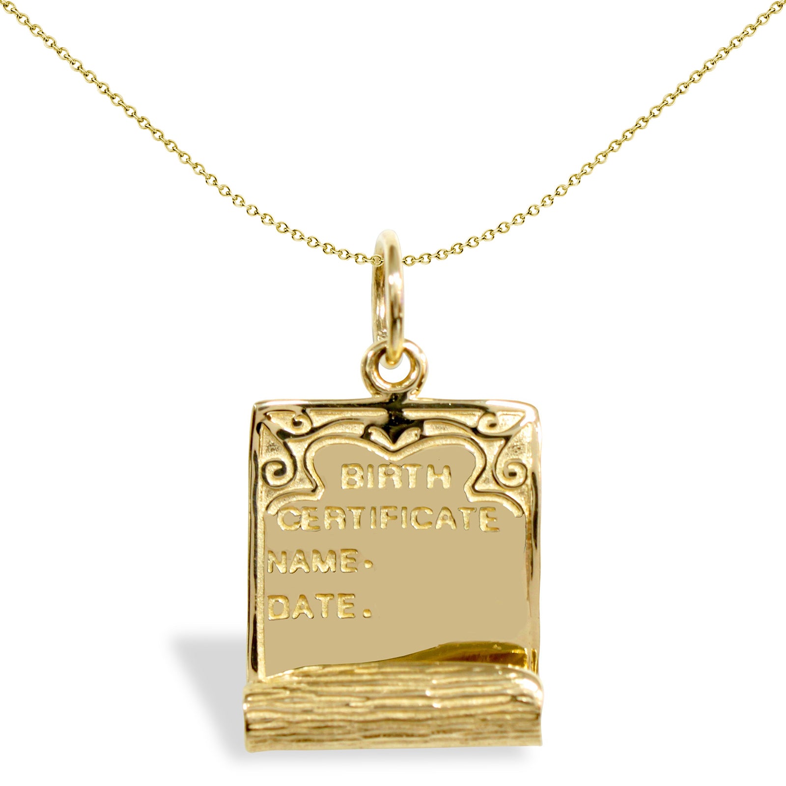 Solid 9ct Gold  Birth Certificate Charm Pendant - JPD292