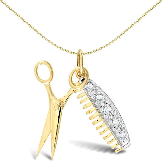 9ct 2-Colour Gold  CZ Scissors & Comb Charm Pendant - JPD426