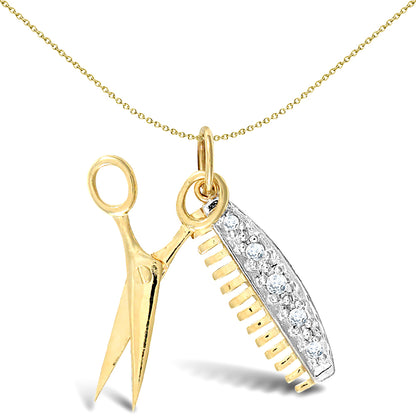 9ct 2-Colour Gold  CZ Scissors & Comb Charm Pendant - JPD426