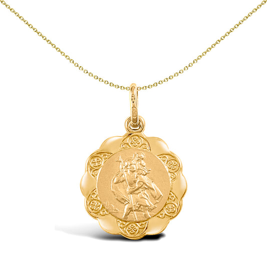 9ct Gold  Scallop Edged St Christopher Medallion Pendant, 16mm - JPM008