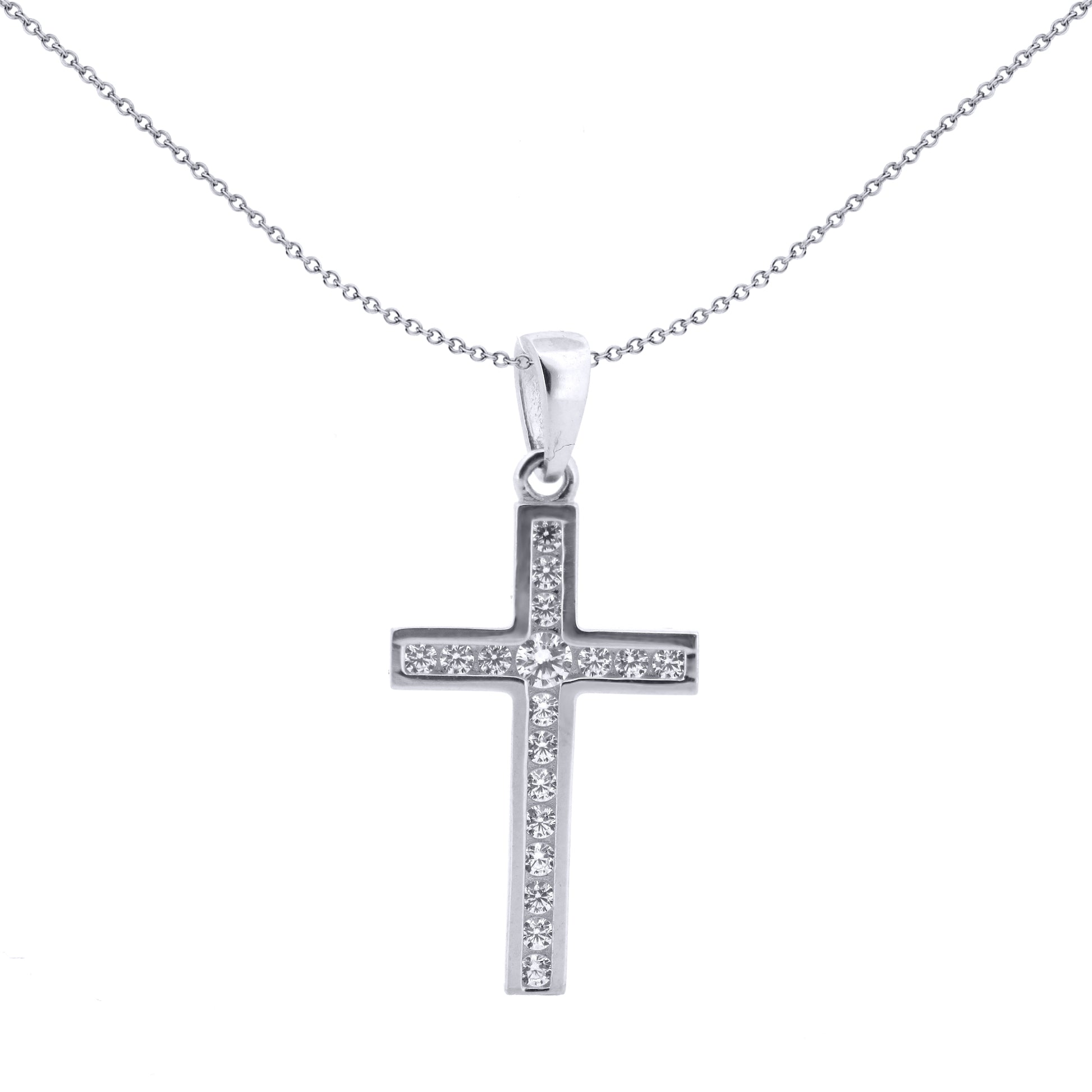 9ct White Gold  CZ Art Deco Outline Cross Pendant - JPX151