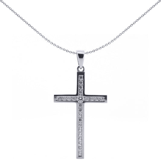 9ct White Gold  CZ Art Deco Outline Cross Pendant - JPX152