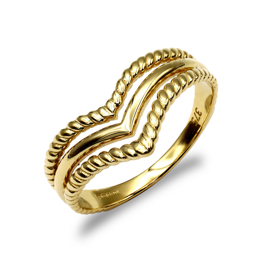 Ladies Solid 9ct Gold  Twisted Edge Triple Wishbone Ring - JRN003