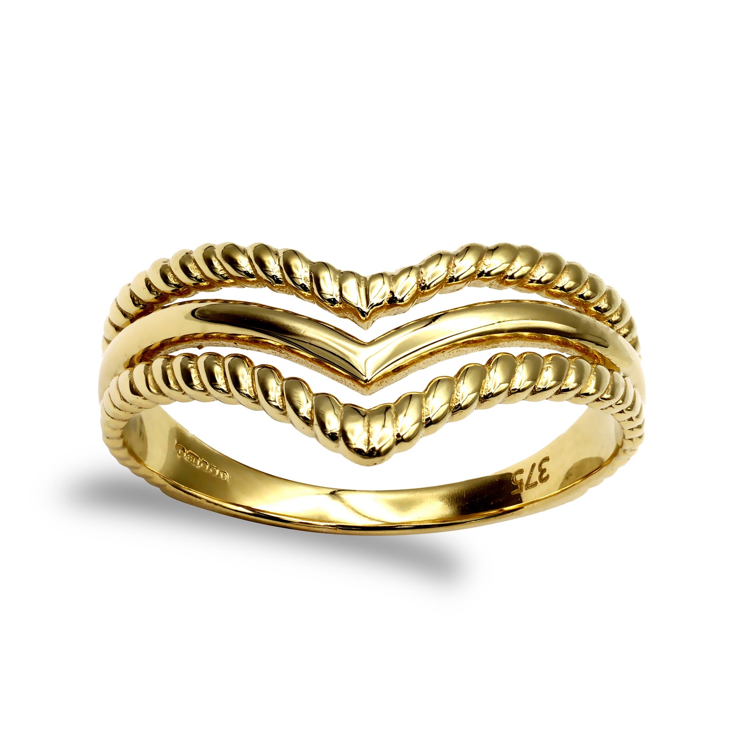 Ladies Solid 9ct Gold  Twisted Edge Triple Wishbone Ring - JRN003