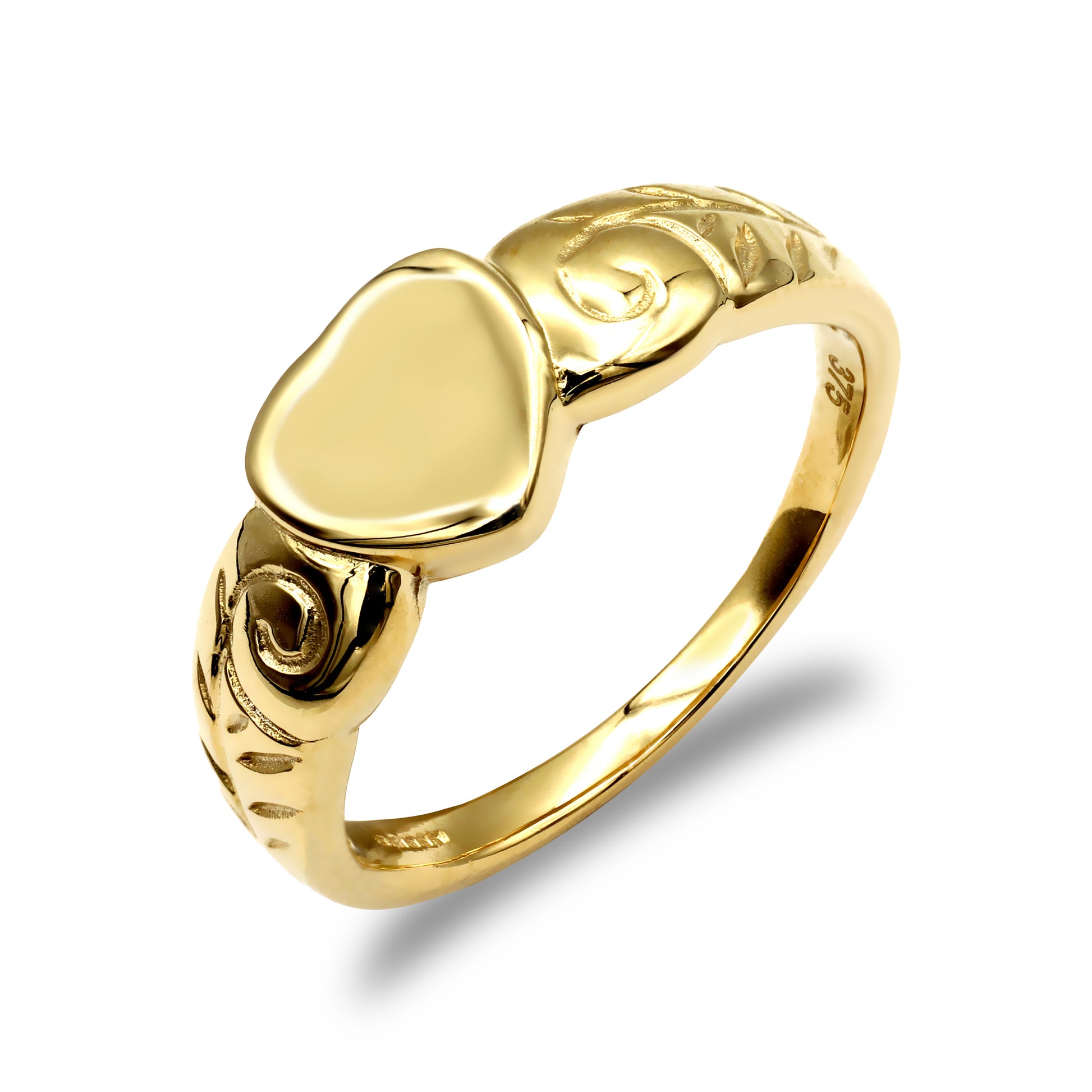 Ladies Solid 9ct Gold  Floral Scroll Heart Signet Ring - JRN004