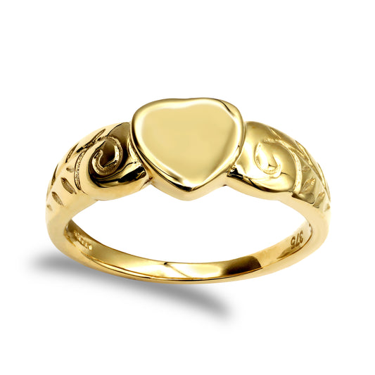 Ladies Solid 9ct Gold  Floral Scroll Heart Signet Ring - JRN004