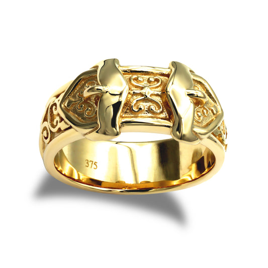 Mens Solid 9ct Gold  Double Buckle Ring - JRN024