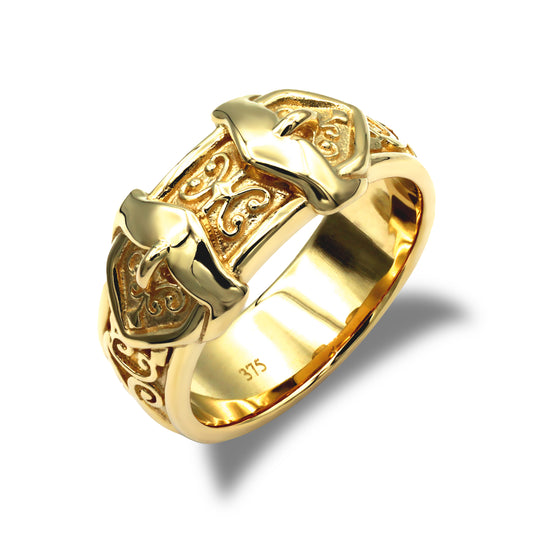 Mens Solid 9ct Gold  Double Buckle Ring - JRN024