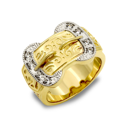Mens 9ct Gold  CZ Double Buckle Ring - JRN032