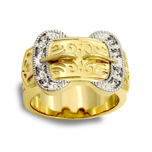 Mens 9ct Gold  CZ Double Buckle Ring - JRN032