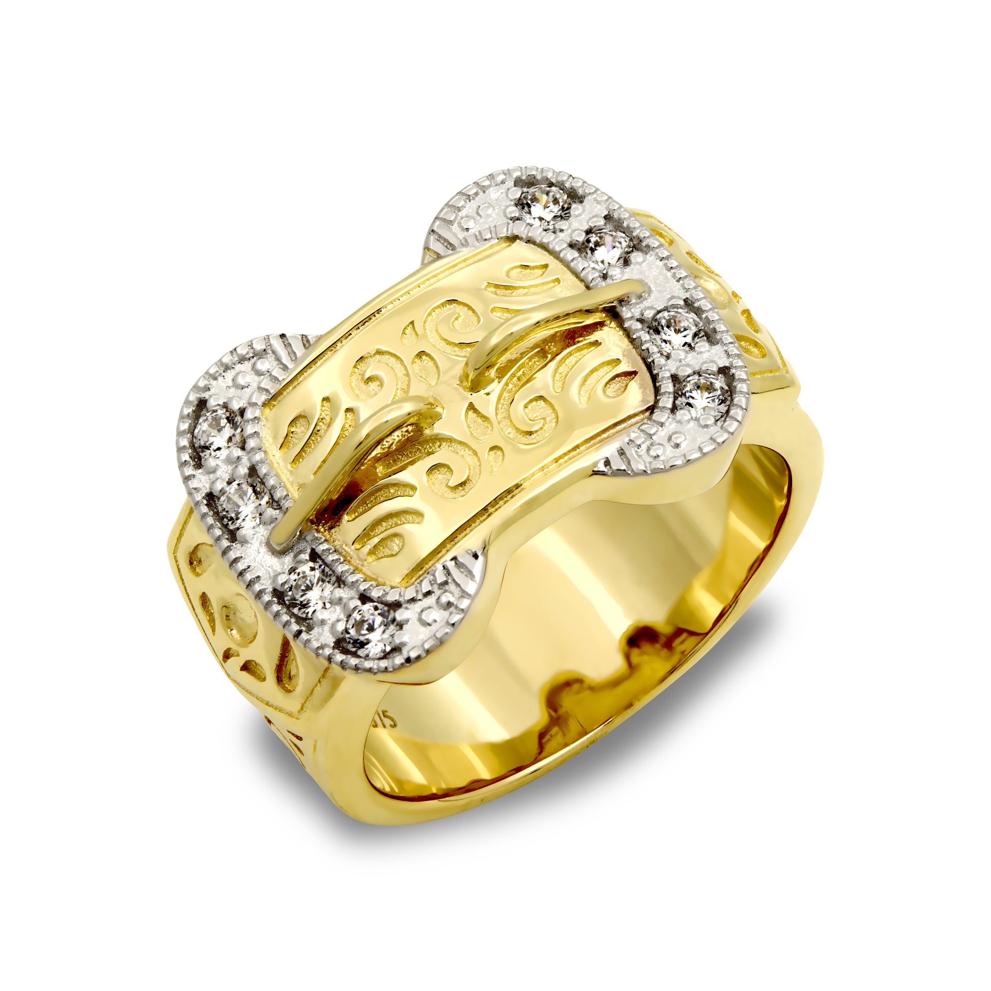 Mens 9ct Gold  CZ Double Buckle Ring - JRN032