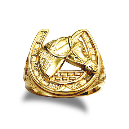 Mens Solid 9ct Gold  Horse Head Horseshoe Ring - JRN040