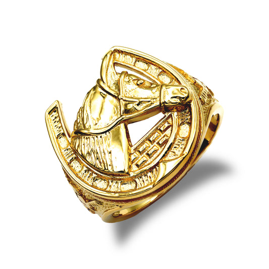 Mens Solid 9ct Gold  Horse Head Horseshoe Ring - JRN040