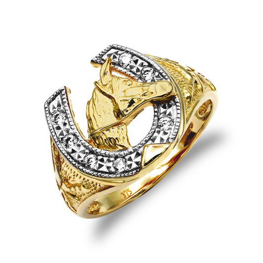 Mens 9ct Gold  CZ Horse Head Horseshoe Ring - JRN045