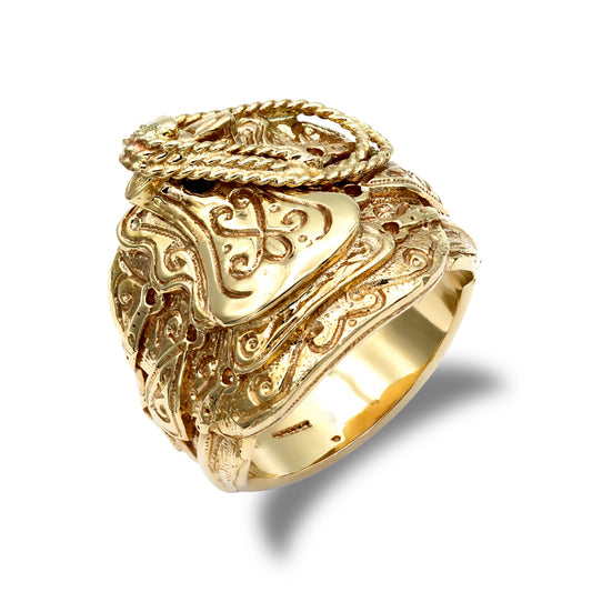 Mens Solid 9ct Gold  Horse Saddle Rope Ring - JRN053