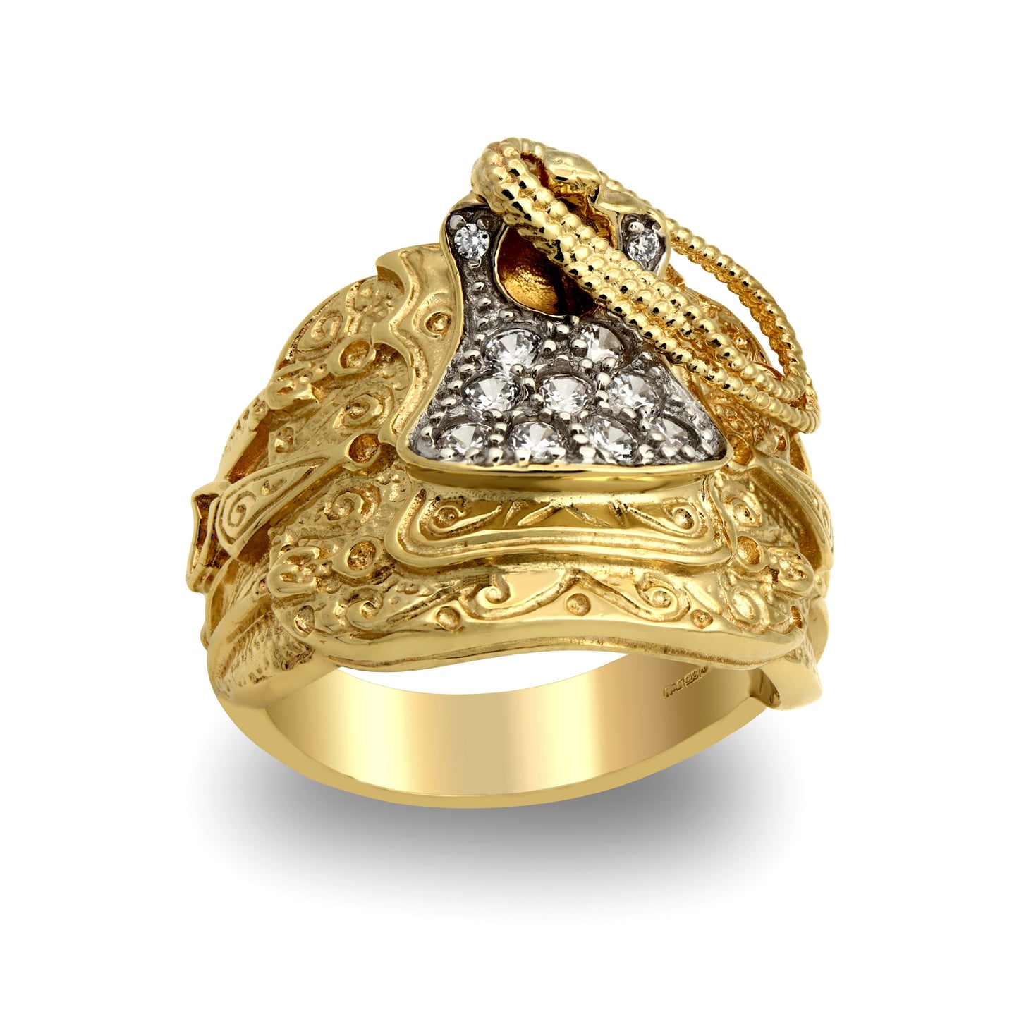 Mens 9ct Gold  CZ Horse Saddle Rope Ring - JRN054C