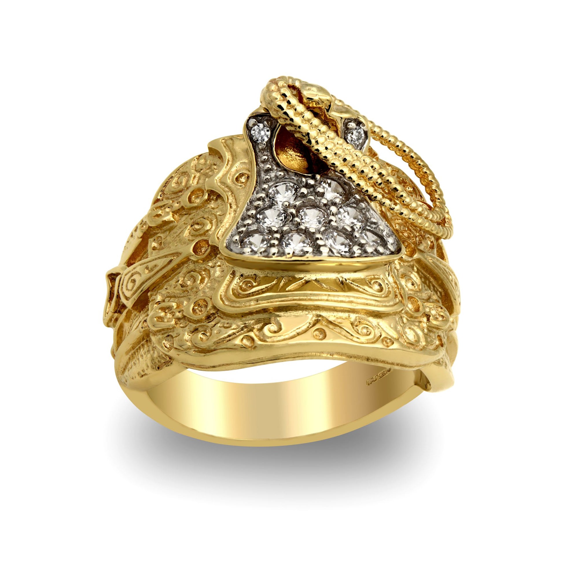 Mens Solid Gold-plated Silver  CZ Horse Saddle Rope Ring - ARN201-GP
