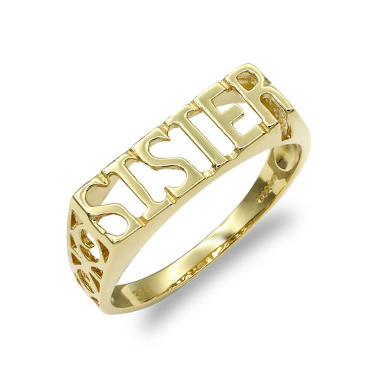 Ladies Solid 9ct Gold  Scroll Sides SISTER Ring - JRN116