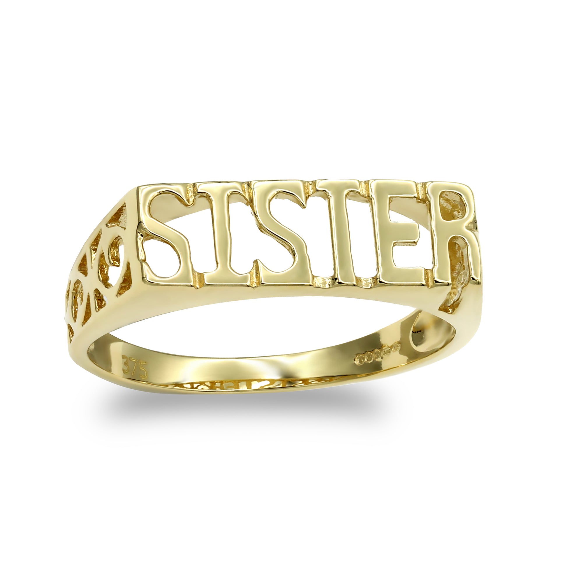 Ladies Solid 9ct Gold  Scroll Sides SISTER Ring - JRN116