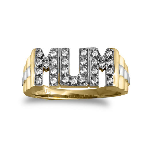 9ct Gold  CZ Brick Link Sides Pave MUM Ring - JRN124