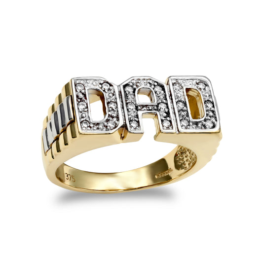 Mens 9ct Gold  CZ Brick Link Sides DAD Ring - JRN133