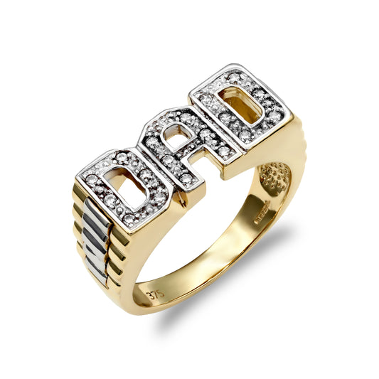 Mens 9ct Gold  CZ Brick Link Sides DAD Ring - JRN133