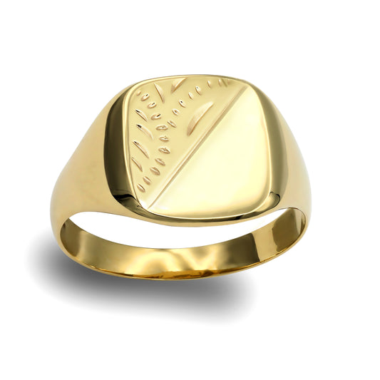 Mens 9ct Gold  Diamond Cut Square Cushion Signet Ring - JRN137