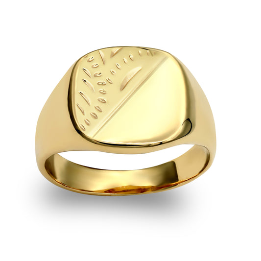 Mens 9ct Gold  Diamond Cut Square Cushion Signet Ring - JRN145