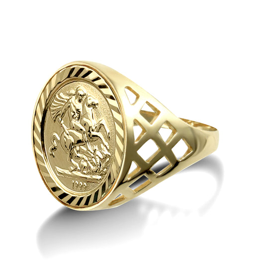 9ct Gold  St George Dragon Slayer Basket 10th-Krugerrand-Size Ring - JRN164
