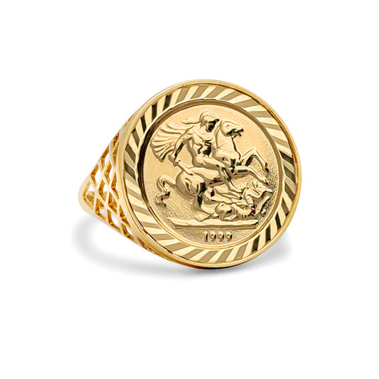 9ct Gold  St George Dragon Slayer Basket 10th-Krugerrand-Size Ring - JRN164