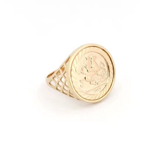 9ct Gold  St George Dragon Slayer Basket 10th-Krugerrand-Size Ring - JRN164