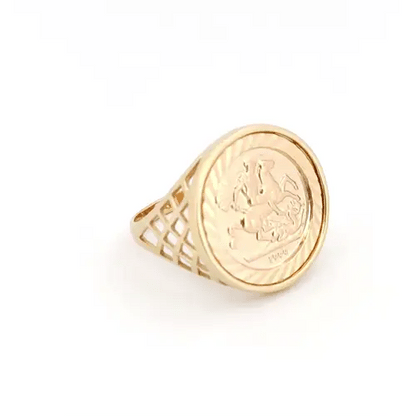 9ct Gold  St George Dragon Slayer Basket 10th-Krugerrand-Size Ring - JRN164