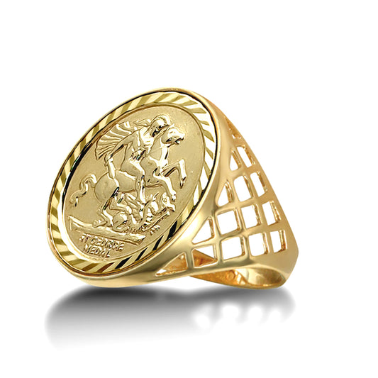 9ct Gold  St George Dragon Slayer Basket Half-Sovereign-Size Ring - JRN165