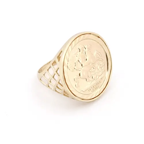 9ct Gold  St George Dragon Slayer Basket Half-Sovereign-Size Ring - JRN165
