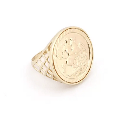 9ct Gold  St George Dragon Slayer Basket Half-Sovereign-Size Ring - JRN165