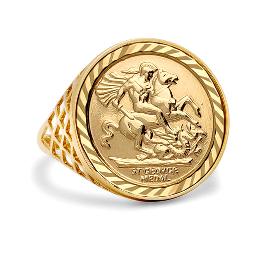 9ct Gold  St George Dragon Slayer Basket Full-Sovereign-Size Ring - JRN166