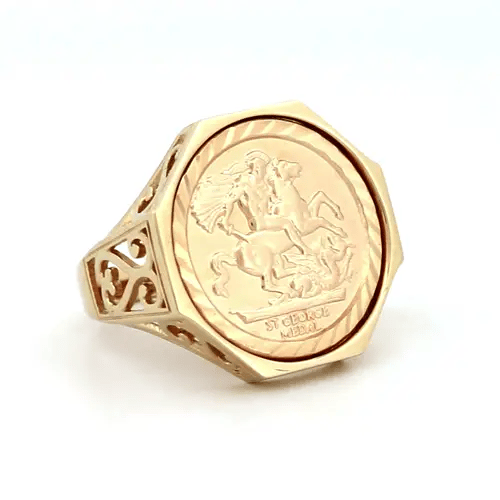 9ct Gold  St George Dragon Slayer Octagon Half-Sovereign-Size Ring - JRN167