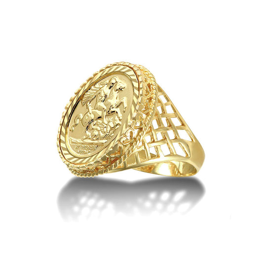 9ct Gold Rope Edge Basket St George Ring (Full Sov Size) - JRN169-F