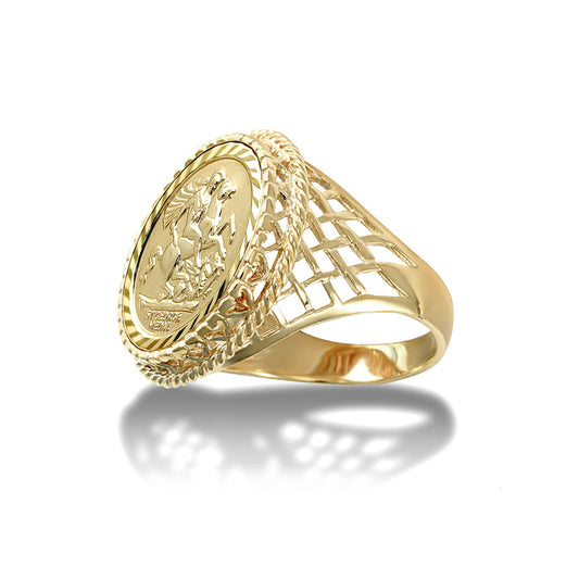 9ct Gold  Rope Edge Basket St George Ring (Half Sov Size) - JRN169-H
