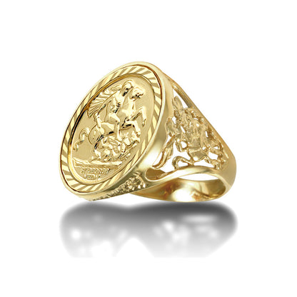 9ct Gold  Dragon Slayer St George Ring (Full Sov Size) - JRN175-F