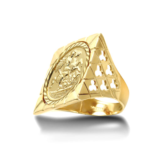 9ct Gold  Clubs Clovers Square Top St George Ring (Full Sov Size) - JRN178-F