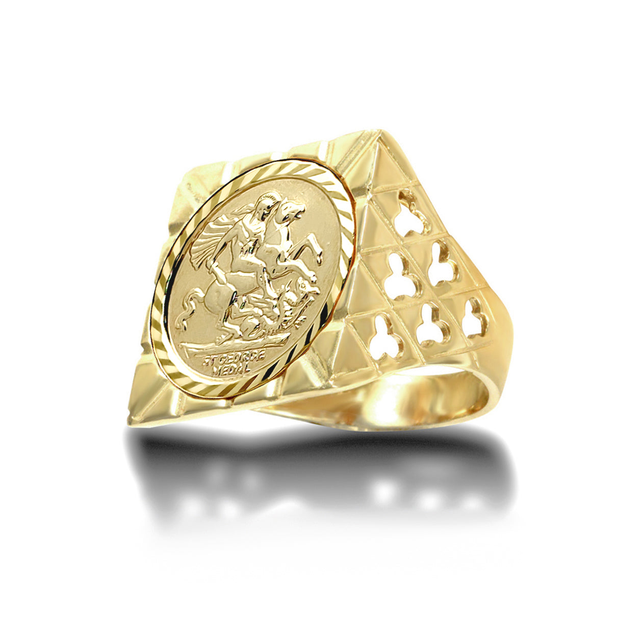 9ct Gold  Clubs Clovers Square Top St George Ring (Half Sov Size) - JRN178-H