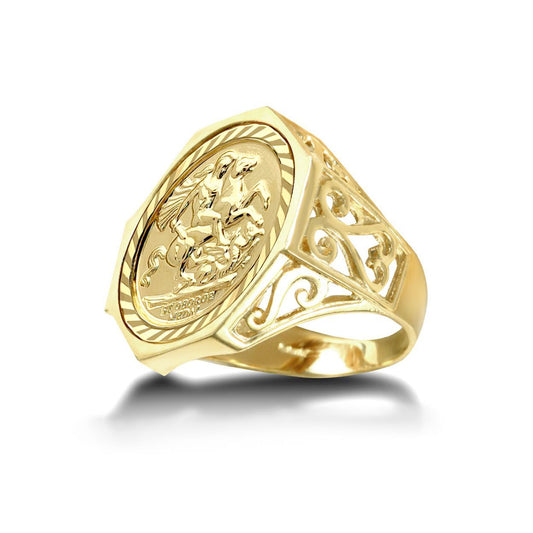 9ct Gold Octagon Scroll St George Ring (Full Sov Size) - JRN179-F