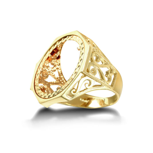9ct Gold  Octagon Scroll Full Sovereign Mount Ring - JRN179-F